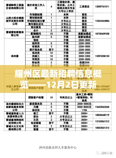 耀州区最新招聘信息概览（12月2日更新版）